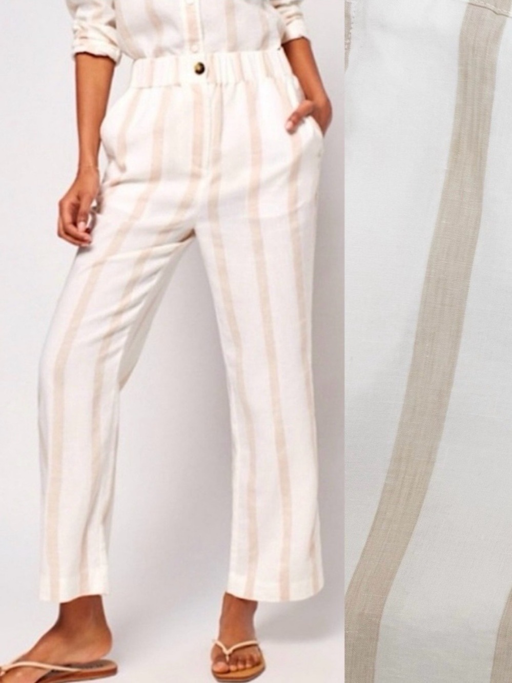 Faherty Malibu Linen Pull On Pants Vallerta Stripe Tan White Coastal Beach